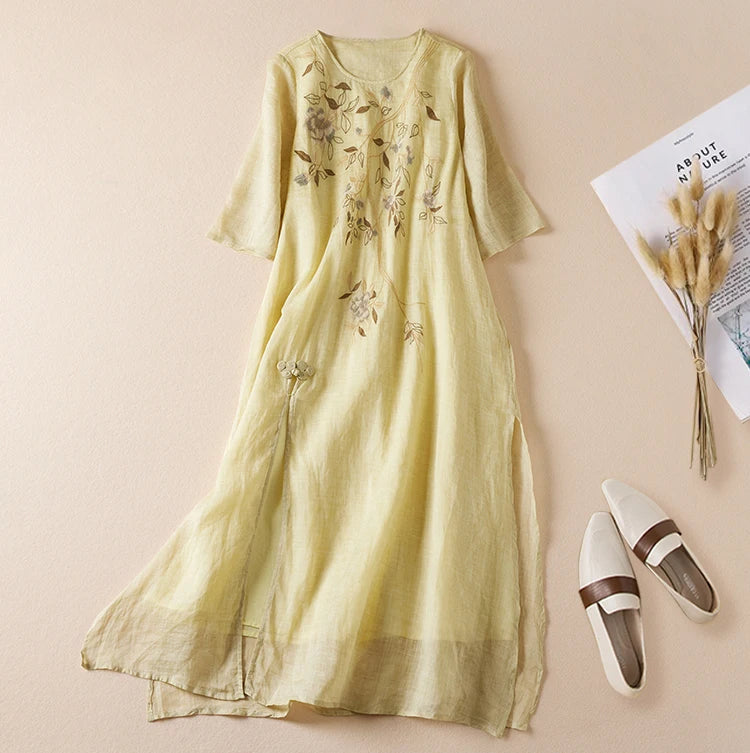 Summer New Hemp Dr Embroidered round Ne Five-Quarter Sve Fairy Beautiful Long Women's Dr New Chinese Sle
