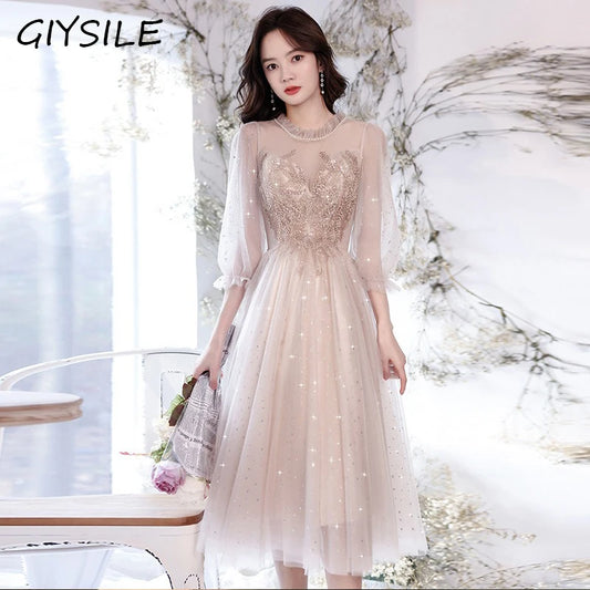 Elegant Evening Gown Mid-Length Graduation Dress O-neck Appliques Evening Dresses Simple Prom Vestidos Wedding Party Dresses