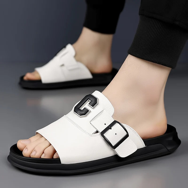 Men's Genuine Leather Non-Slip Breathable Slippers  Male Simple Soft-Soled Beach Shoes Outdoor Comfortable Walking Roman Sandals