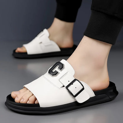 Men's Genuine Leather Non-Slip Breathable Slippers  Male Simple Soft-Soled Beach Shoes Outdoor Comfortable Walking Roman Sandals