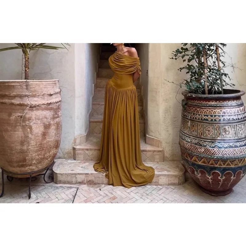 Retro One Shoulder Ruched Elegant Maxi Dress Women Sexy Half Sleeve Draped Party Dresses Lady Chic Holidays Evening Dress 2025