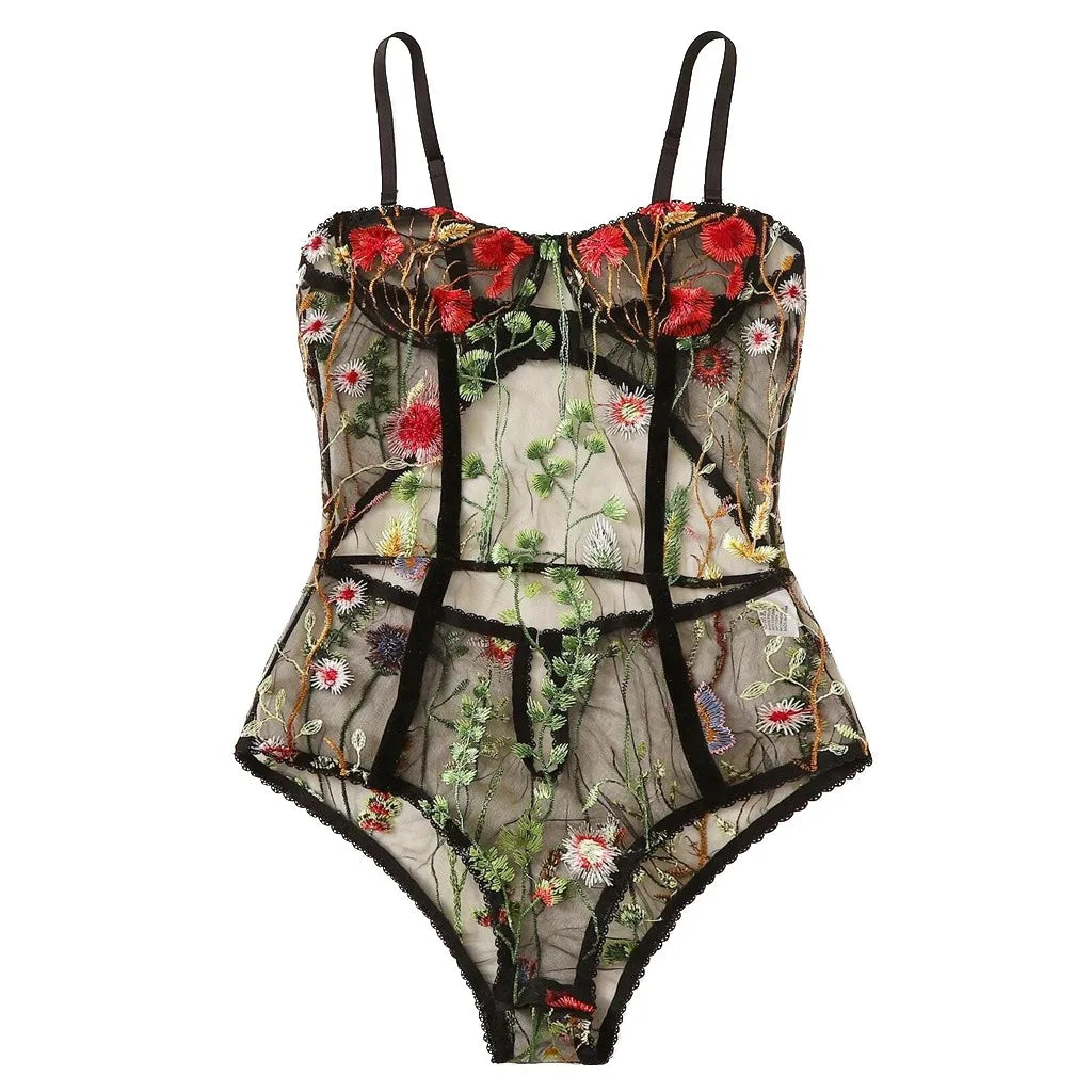Bodysuit Women Temptation Embroidery Intimates Teddy Sexy Sheer Mesh Sleepwear Jumpsuit Seamless Underwear Sex Erotic Pajamas