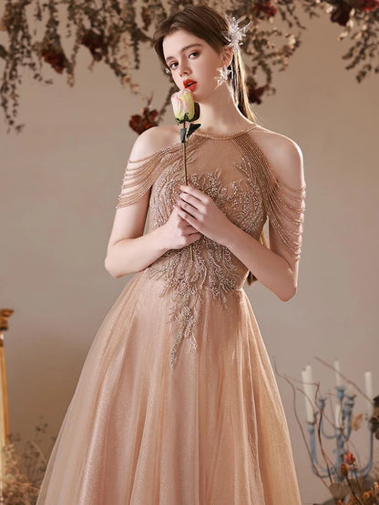 Elegant Champagne Gold Appliques Sleeveless Beaded Tassel Lace-Up A-Line Long Maxi Evening Gown Celebrity Wedding Party Dress