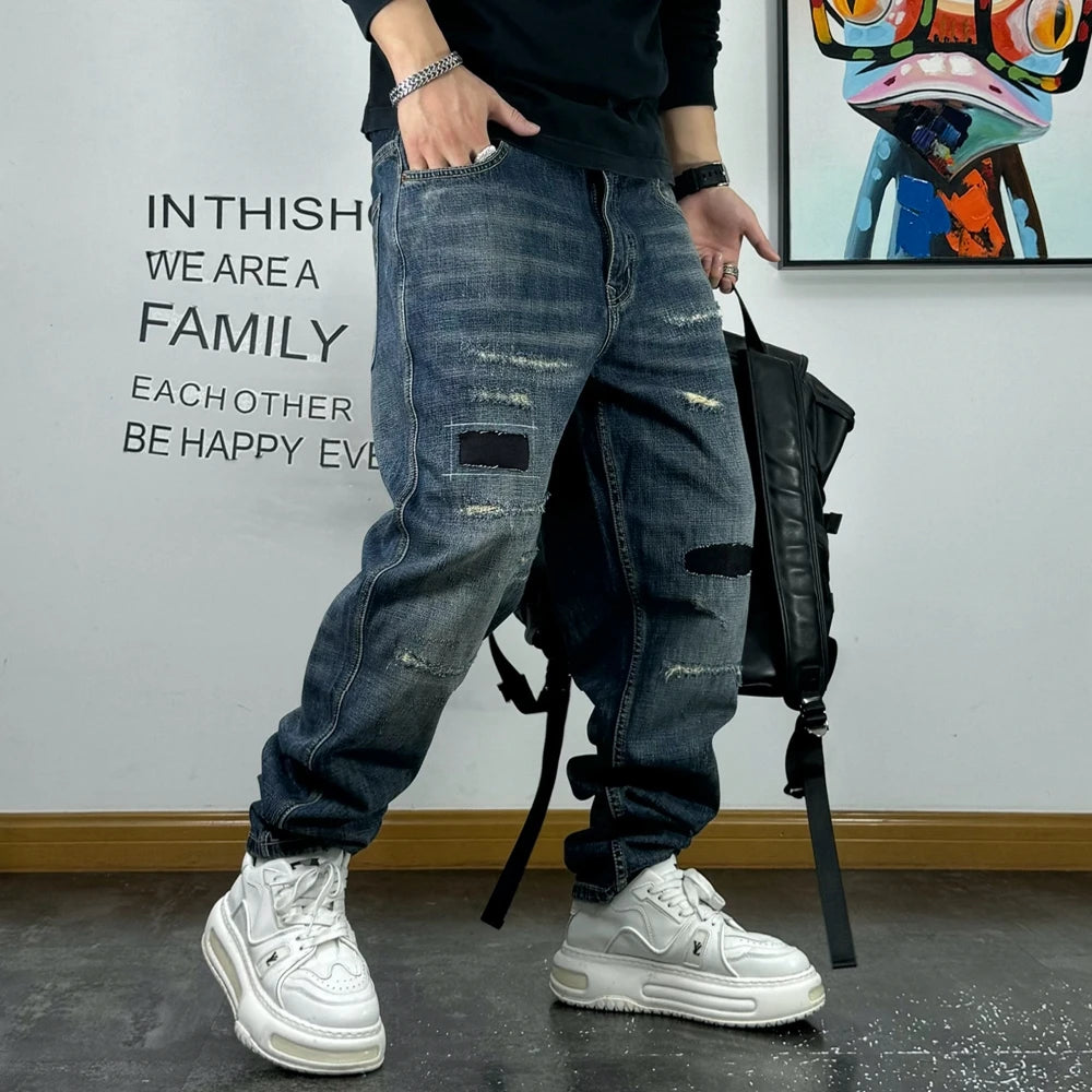 American High Quality Patch Ripped Jeans For Men Korean Fashion Denim Cargo Pants Streetwear Hip Hop Skateboard Trousers Male