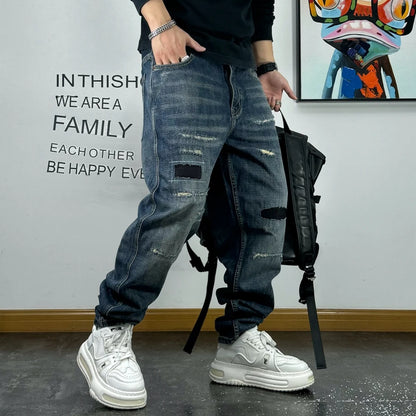 American High Quality Patch Ripped Jeans For Men Korean Fashion Denim Cargo Pants Streetwear Hip Hop Skateboard Trousers Male