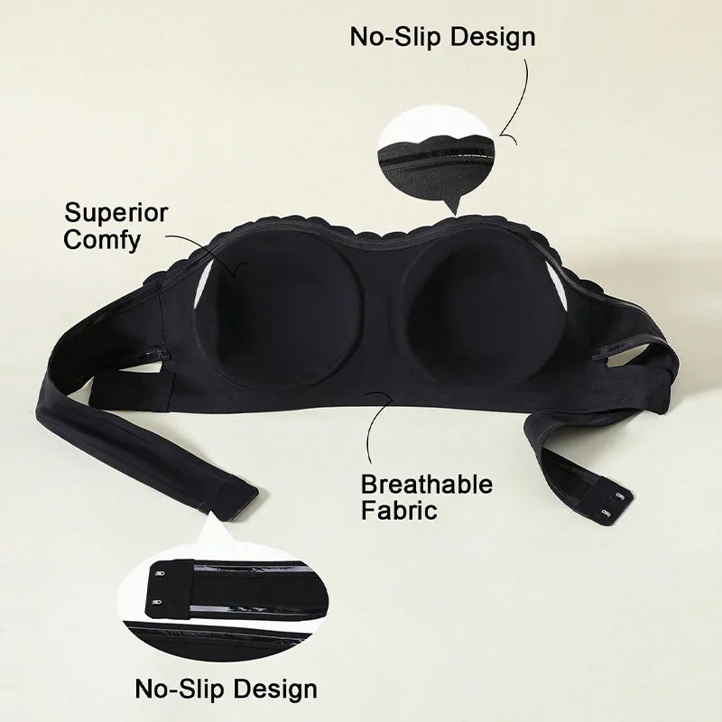 Women's Sexy Strapless Wavy Trim Bandeau Bra Seamless Backless With Side Clasp Ice Silk Top Women Anti-slip Off-shoulder Bra