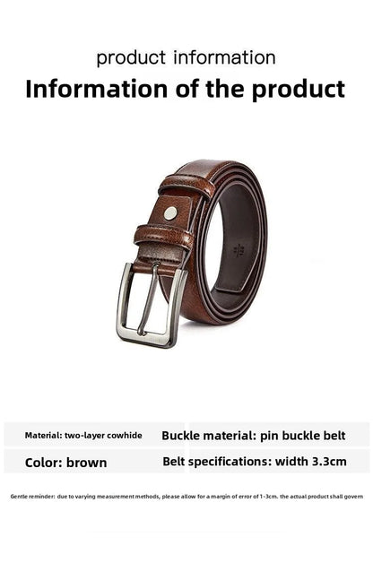 Men's Belt Boys Genuine Leather Belt Pin Buckle Belt Brown Middle-aged Youth Casual Trendy Men's Belt，Ideal for gifting