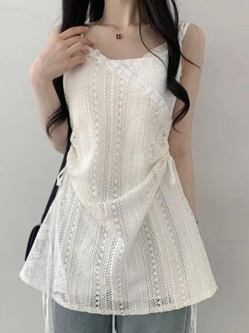Summer Dress Women Chic French Lace Stitching Sling Shirt Stacked Gauze Knitted  Overskirt Inner Wear Base Short