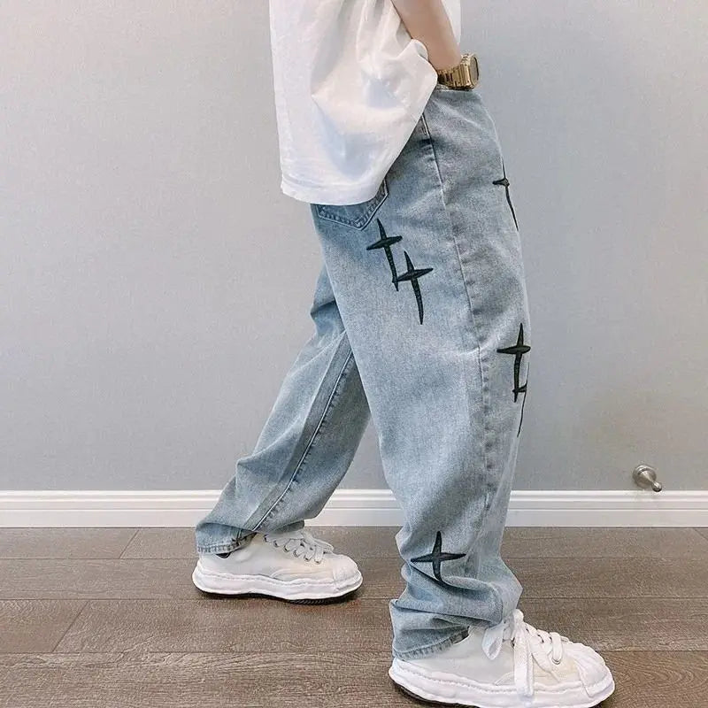 Men's 2023 New Streetwear Baggy Wide Leg Jeans Ko Print Pattern Comfortable Fit Casual Trousers for Men