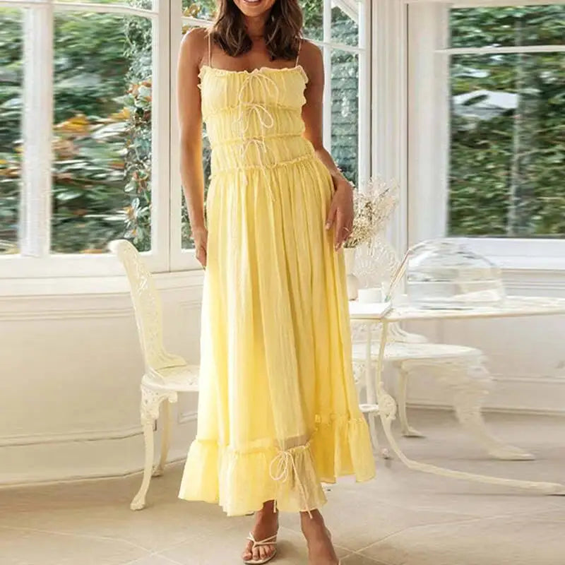Elegant Sleeveless A Line Party Women Solid Pleated Maxi Romantic Dresses Summer Lady Spaghetti Strap Patchwork Bow Dress