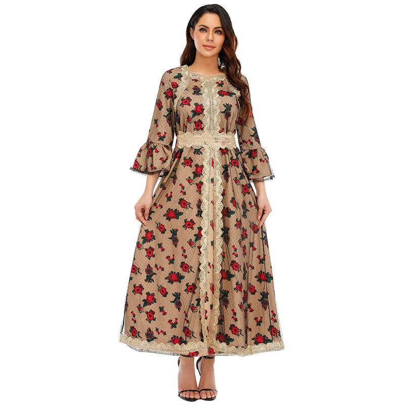 Muslim Fashion Abaya Dress Eid Malaysia Dubai  Muslim Women Printing Flower Fabric Classic Abaya Elegant Lace Dresses  Robe
