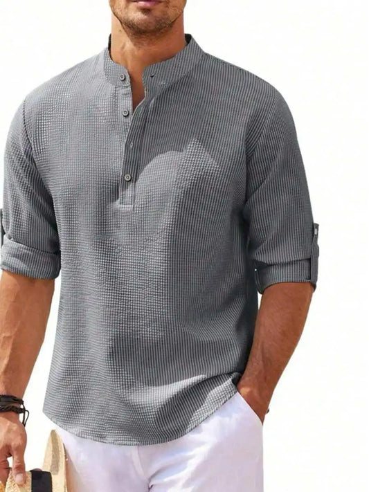 Men's Short Sleeve Henley Shirt, Striped Waffle Knit, Lightweight & Breathable for Summer Casual Wear