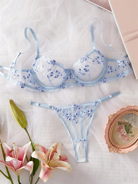 Sexy Lingerie Blue Mesh Underwear Delicate Embroidery Bra Set See Through Erotic Lingerie Romantic Intimate Underwear Sexy Set