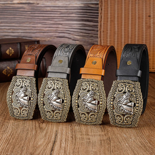 The hollowed-out lace horse-head large board buckle PU embossed belt is a trendy, fashionable and versatile belt