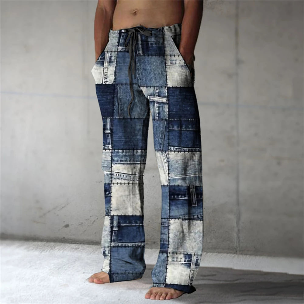 Plaid Color Block Men's Resort 3D Printed Casual Pants Trousers Elastic Waist Fit Straight-Leg Pant Summer Beach Pants 6XL