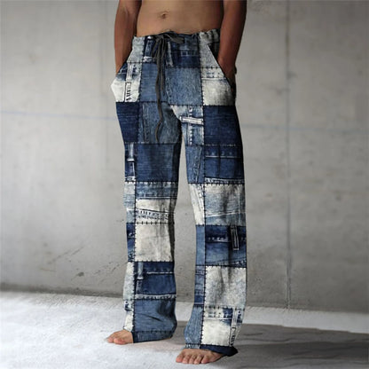 Plaid Color Block Men's Resort 3D Printed Casual Pants Trousers Elastic Waist Fit Straight-Leg Pant Summer Beach Pants 6XL