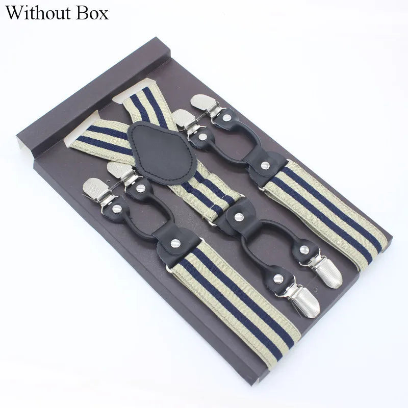 3.5*120cm Fashion 6 Clips Striped Braces Man Male Vintage Casual Leather Suspenders For Adult  Tirantes Trosers Strap Adjustable
