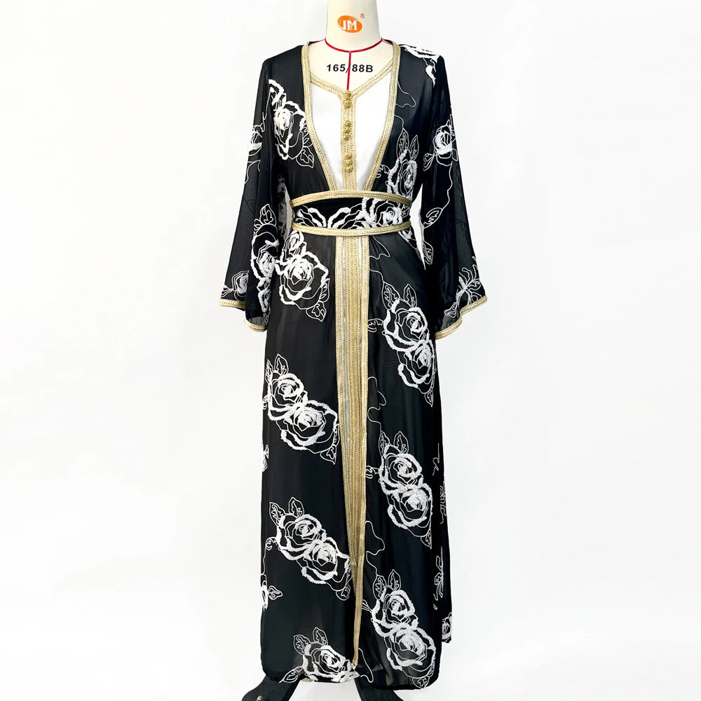 Ramadan Abaya Dubai Embroidery Formal Long Dress for Women 2 Piece Suit Arabic Kimono Suit Female Islam Dresses Caftan Marocain