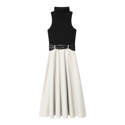Women's New Fashion With Belt Slim Single breasted Splicing Stand Collar Midi Dress Retro Sleeveless Women's Dress