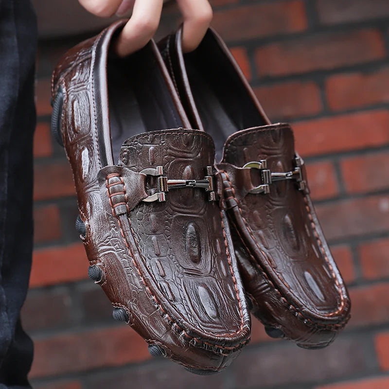 Men Casual Shoes Genuine Leather Crocodile Style Luxury Brand Mens Loafers Moccasins Slip on Black Driving Shoes Plus Size 38-47