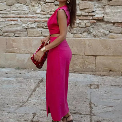 Elegant Sleeveless O-neck Party Dress Summer New High Waist Hollow Out Halter Dress Fashion Slim Solid Color Split Evening Dress