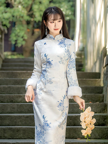 Winter Thiened Fce Lined Young Sle Improved  Chinese Cerc Blue Floral Print Daily Wear Warm Long Sve Dr
