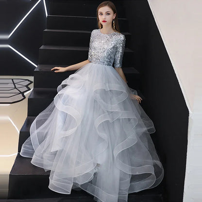 It's YiiYa Evening Dresses Gray Sequins Half Sleeve Tiered Hems Floor-length Fromal Plus size Party Gowns LX1398 robe de soiree