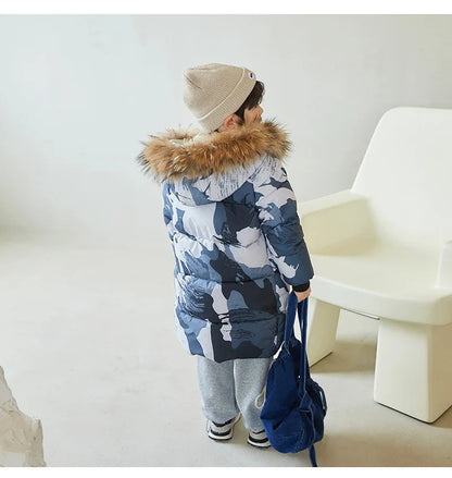Winter Girls Down Jacket Keep Warm Fur Collar Fashion Little Princess Coat Hooded Boys Long Parkas Outerwear Children Clothing