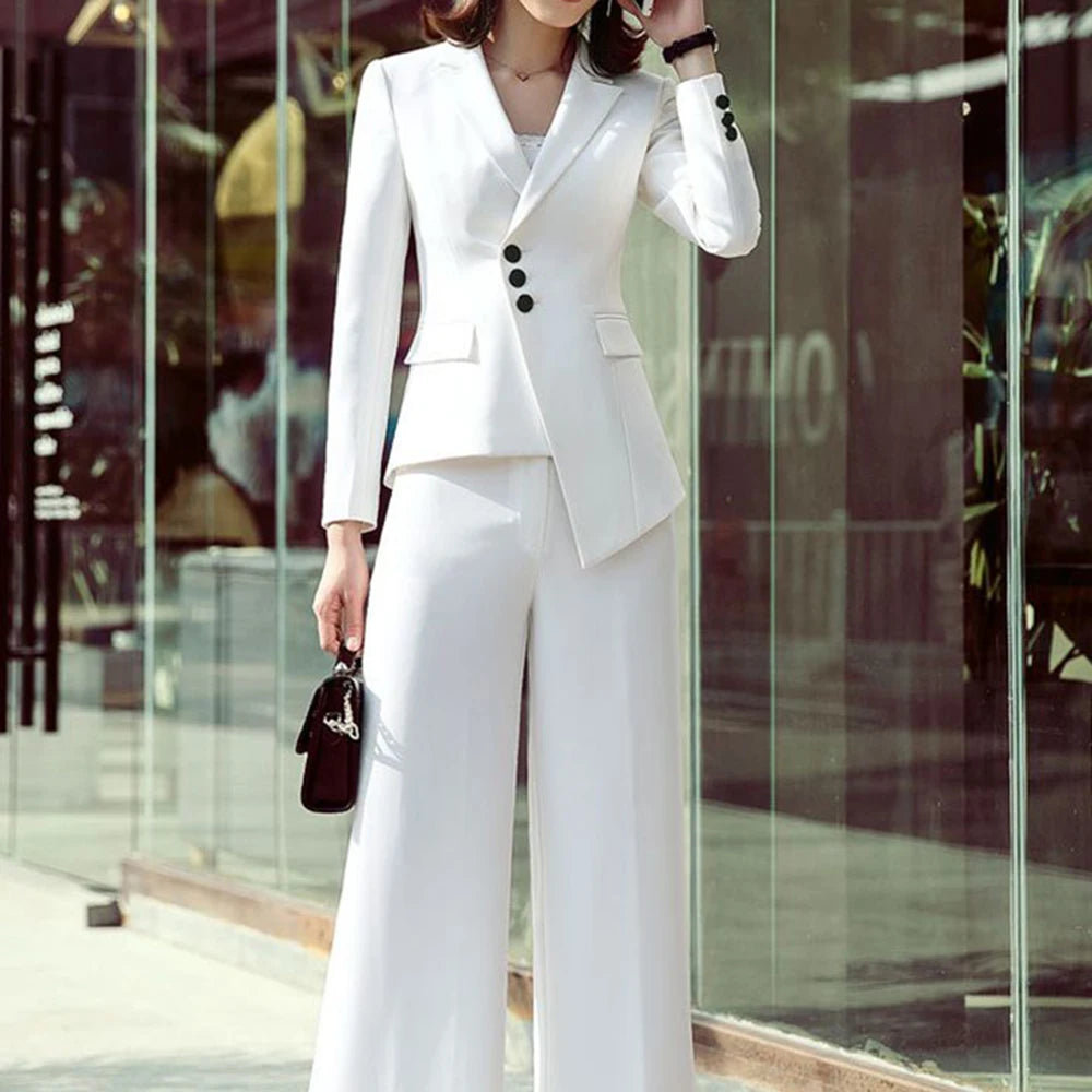 Elegant White two Pieces Suit Set for Women Peak Lapel Jacket Wide Leg Pants Sets Slim Fit Office Business Daily Female Clothing