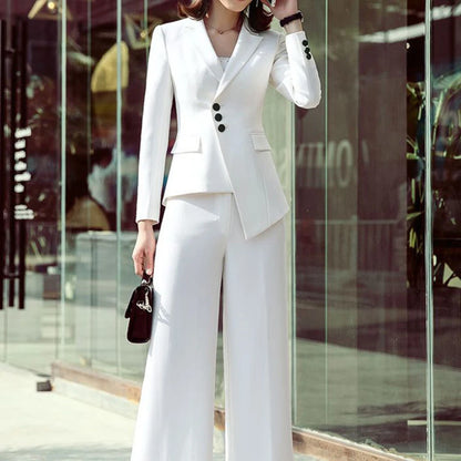Elegant White two Pieces Suit Set for Women Peak Lapel Jacket Wide Leg Pants Sets Slim Fit Office Business Daily Female Clothing