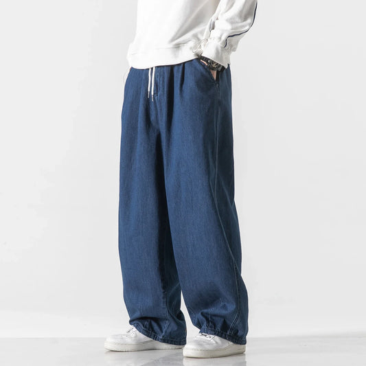2023 Spring Men Loose Wide Leg Pants Men Vintage Elastic Waist Jeans Male Hip Hop Cotton Solid Color Trousers M-5XL