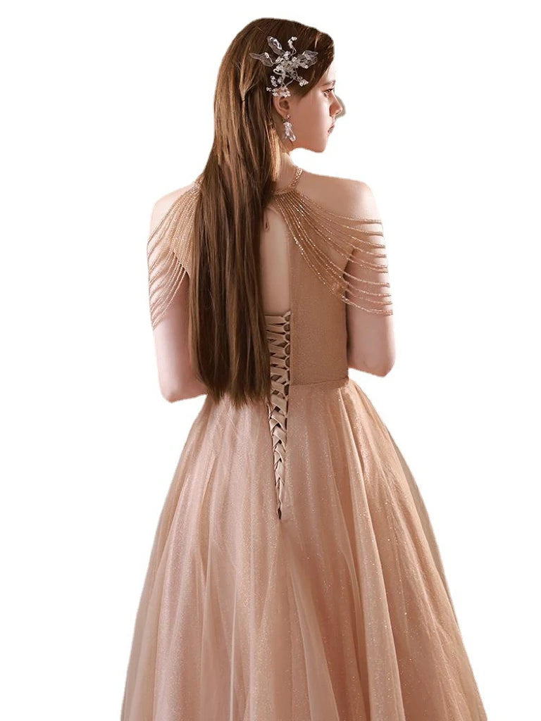 Elegant Champagne Gold Appliques Sleeveless Beaded Tassel Lace-Up A-Line Long Maxi Evening Gown Celebrity Wedding Party Dress