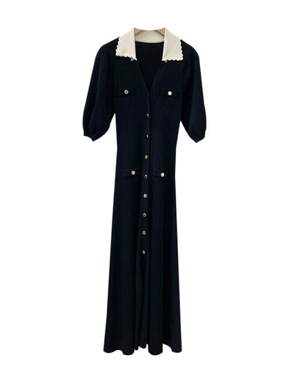 2024 Summer New Korean Style Slim Fit Long Knitted Dress Single Breasted Short Sleeved Fashion Knit Dresses For Women