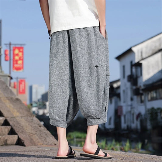 Large Size Thin Shorts Men Streetwear Vintage Patchwork Casual Short Chinese Style Harajuku Baggy Wide-leg Calf Length Pant Male