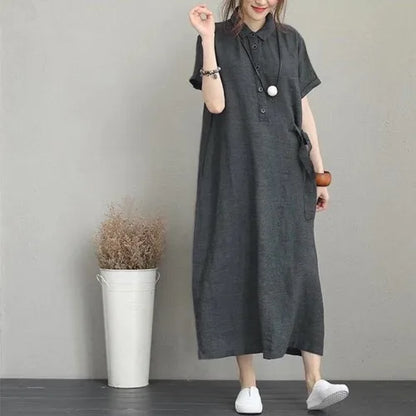plus Size Cotton Linen Long Dr High Waist Slimming Women's Dr Summer 2023 A-Line irt Dr  Collar ort Sve