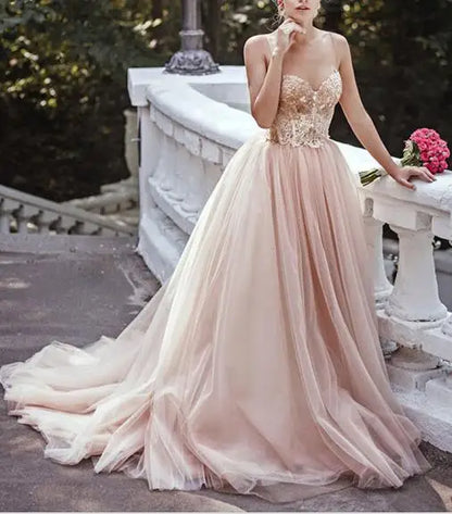 Customized Spaghetti Straps Blush Pink Tulle Wedding Dresses Sequin Lace Sleeveless Bridal Gowns Off Shoulder  de Noiva