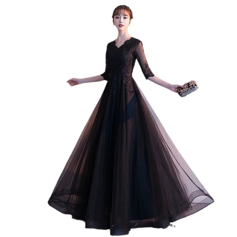 Evening dress dress women's 2026 autumn new banquet temperament long black socialite dress choir performance uniform
