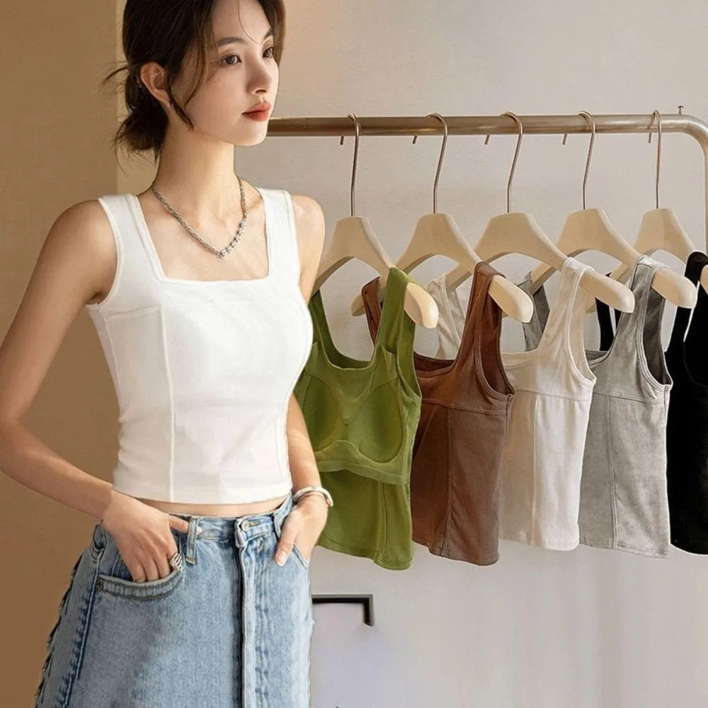 Simple Basic Skinny Vest Women Solid Color Square Neck Slim Crop Top Sleeveless Spicy Girl Style Camisole with Pads Girls