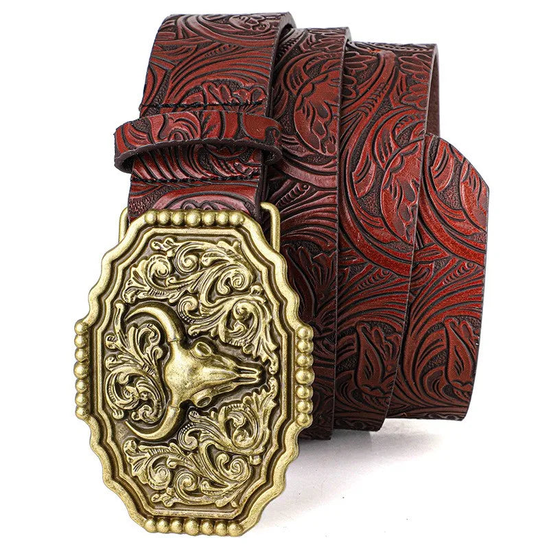 Western Cowboy Style Vintage Casual Belts - Ox Head Carved Buckle & Bohemian Print, Perfect For Daily Commute & Dating Outfits