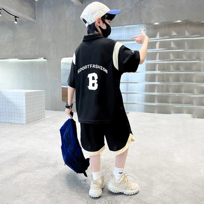 Boys Summer Clothing Set 2025 New Casual Cotton Turn Down Collar Polo Shirt & Shorts Two Piece Suit Teenage Clothes Tracksuit