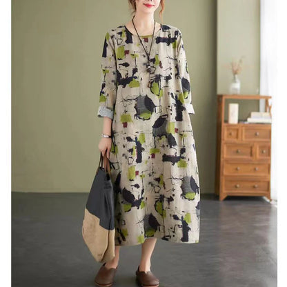 Women's Clothing Vintage Ethnic Style Print Harajuku Casual Dresses Spring Autumn Fashion Long Sleeve Oversized Midi Dress Robe