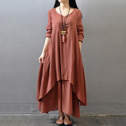 Women Elegant Linen Ginger Dresses Bohemia Layering Vintage Robe Long Sleeve Loose Long Dress Female Autumn Vestidos
