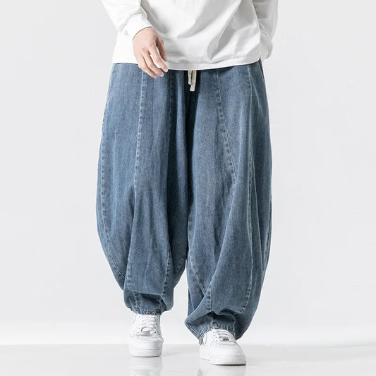 2025 New men's pants in plus size Japanese retro loose Haren straight leg pants Hong Kong style wide leg denim lantern pants
