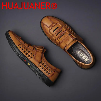 2025 Summer Men Sandals Leisure Breathable Comfort Mens Beach Shoes Fashion Solid Hand Sewn Male Flat Casual NEW Leather Sandals