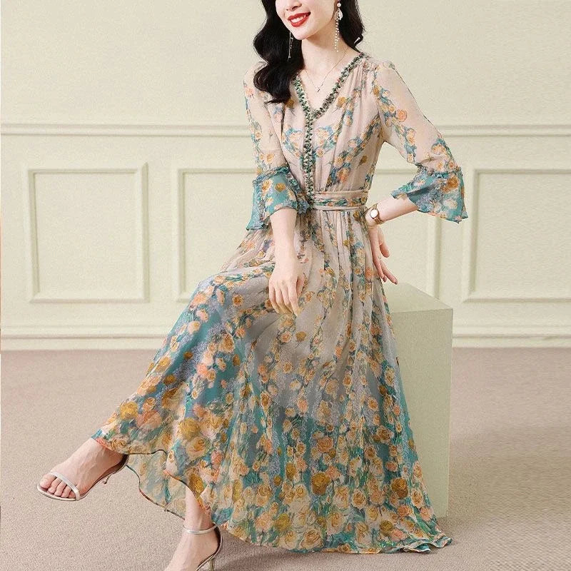 High End Silk Chiffon Dress 2025 Summer Loose Temperament Socialite French Waist Cinched Floral Seven Quarter Sleeve Long Skirt