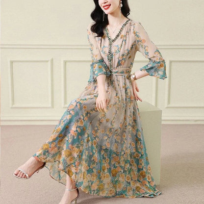 High End Silk Chiffon Dress 2025 Summer Loose Temperament Socialite French Waist Cinched Floral Seven Quarter Sleeve Long Skirt