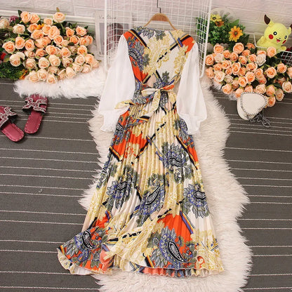 Sweet Style Long Dresse For Women Print Patchwork Pleated Long-sleeve High Waist Dresses Spring Summer New