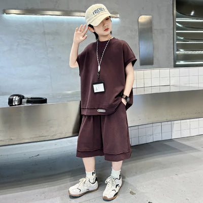 Boys' Summer Outfit Set 2025 New Style Children's Summer Short Sleeved Sportswear Vest Fashionable Boys' Thin Design