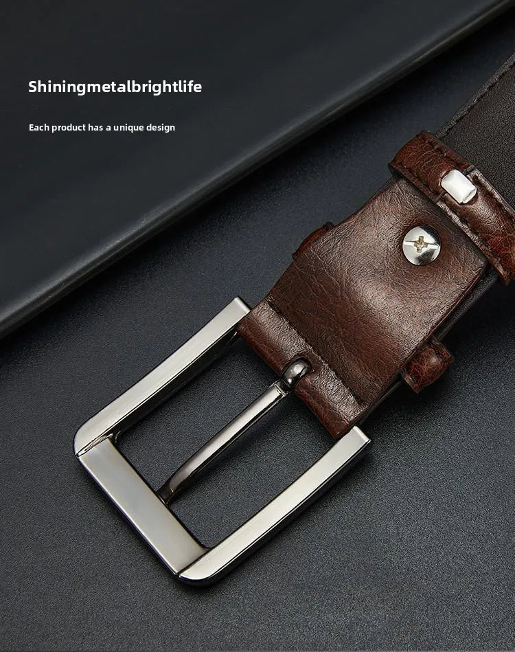 Men's Belt Boys Genuine Leather Belt Pin Buckle Belt Brown Middle-aged Youth Casual Trendy Men's Belt，Ideal for gifting