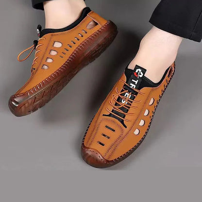 Men's Low-Top Breathable Leather Shoes Spring New Style Casual Soft Bottom Versatile Hollow out Design Comfortable All-Match